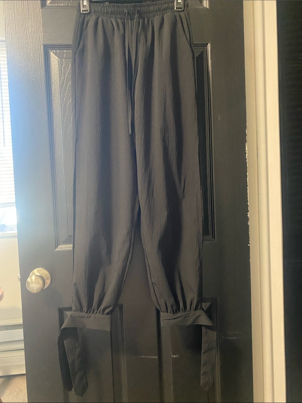 Black Drawstring Open Wide-Leg Tie Hem Pants